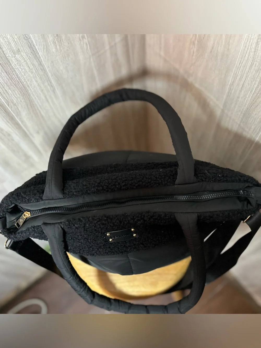 Bearpaw Black Quilted Puffer Tote Bag with Cozy Faux-Shearling Trim
